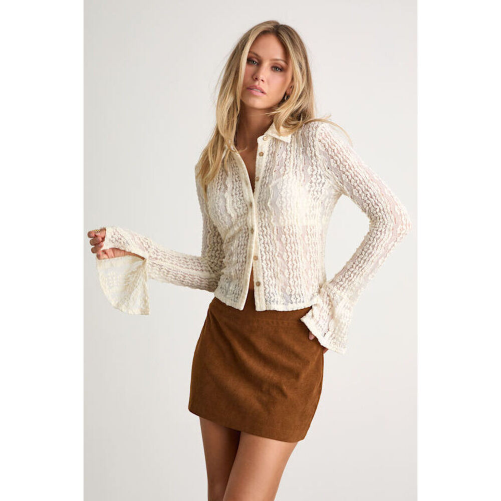 Lulus Malisa Cream Textured Lace Button-front Long Sleeve Top White - Size M